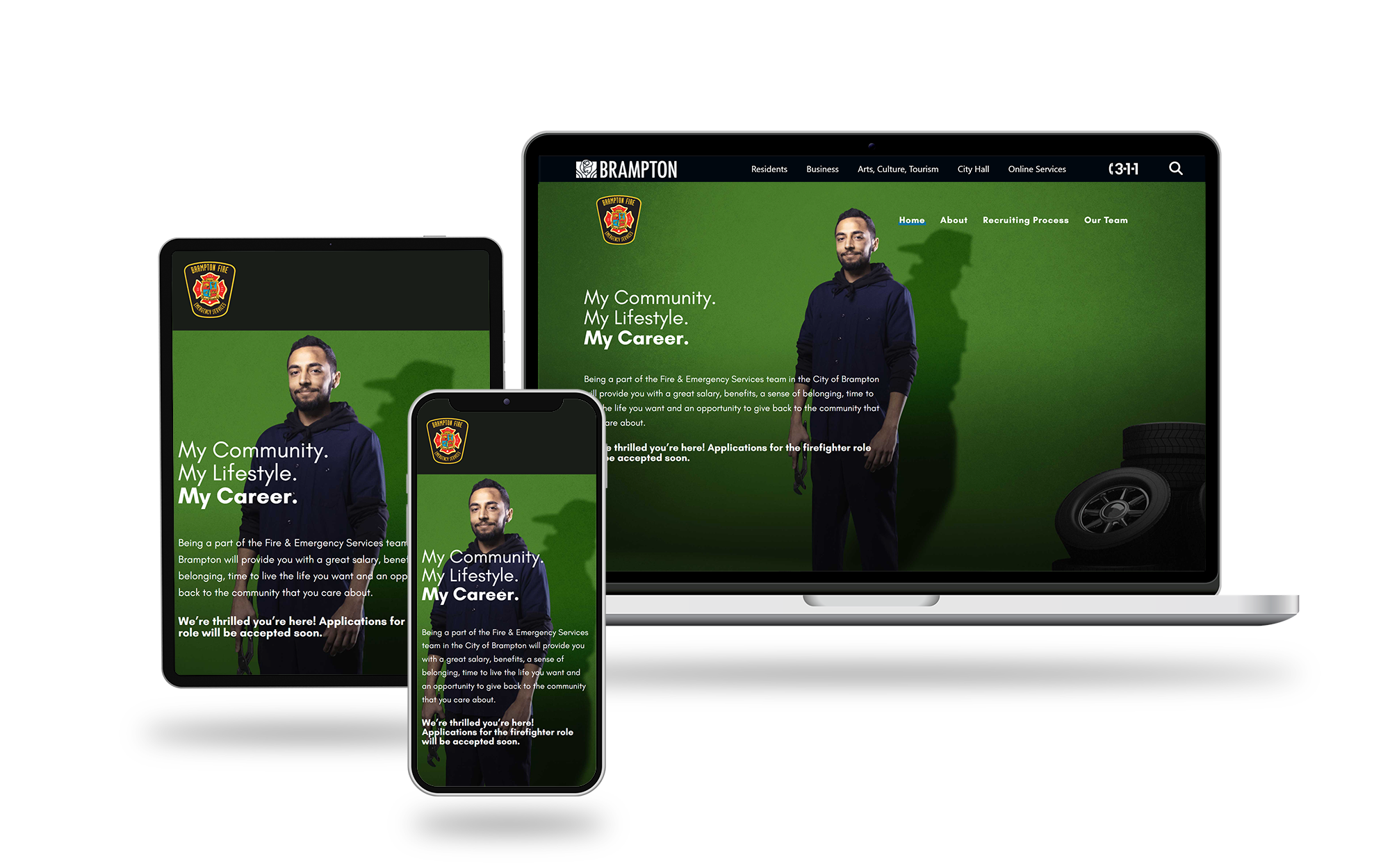 Responsive Brampton Firefighters recruitment campaign website shown across desktop, tablet and mobile devices.