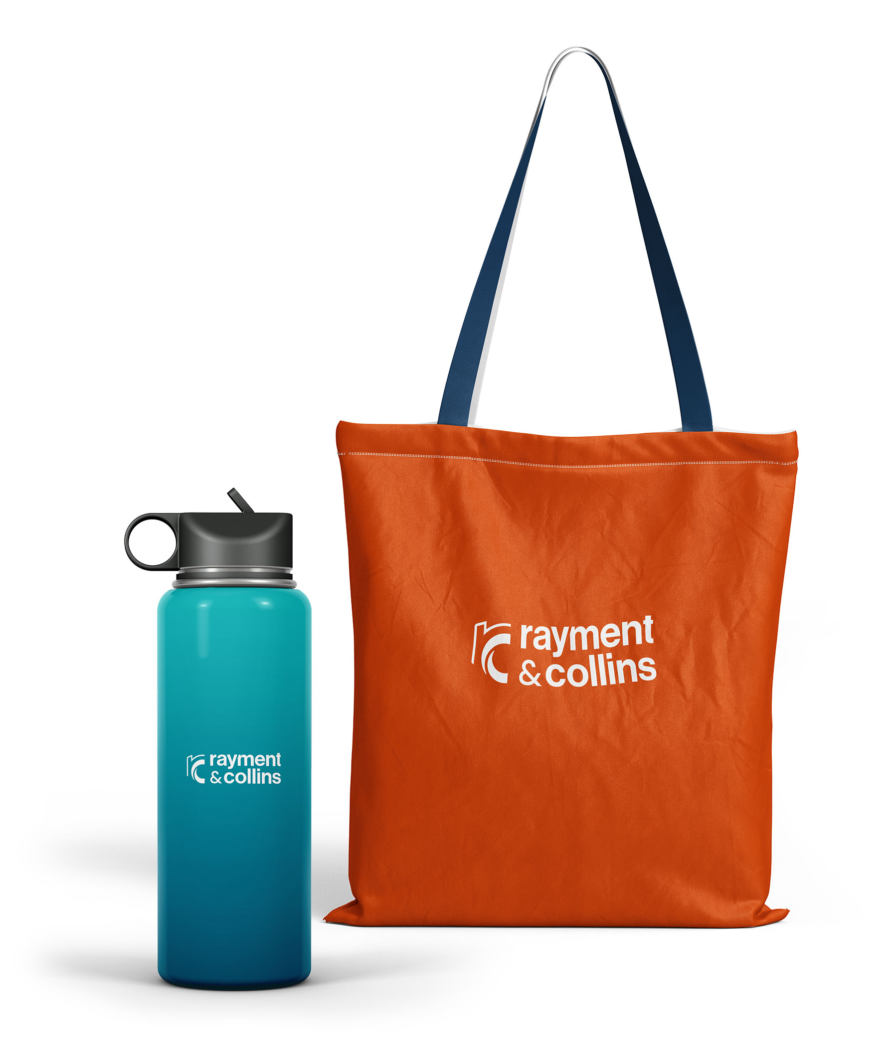 Custom Rayment & Collins tote bag and drinkware representing branded promotional merchandise.
