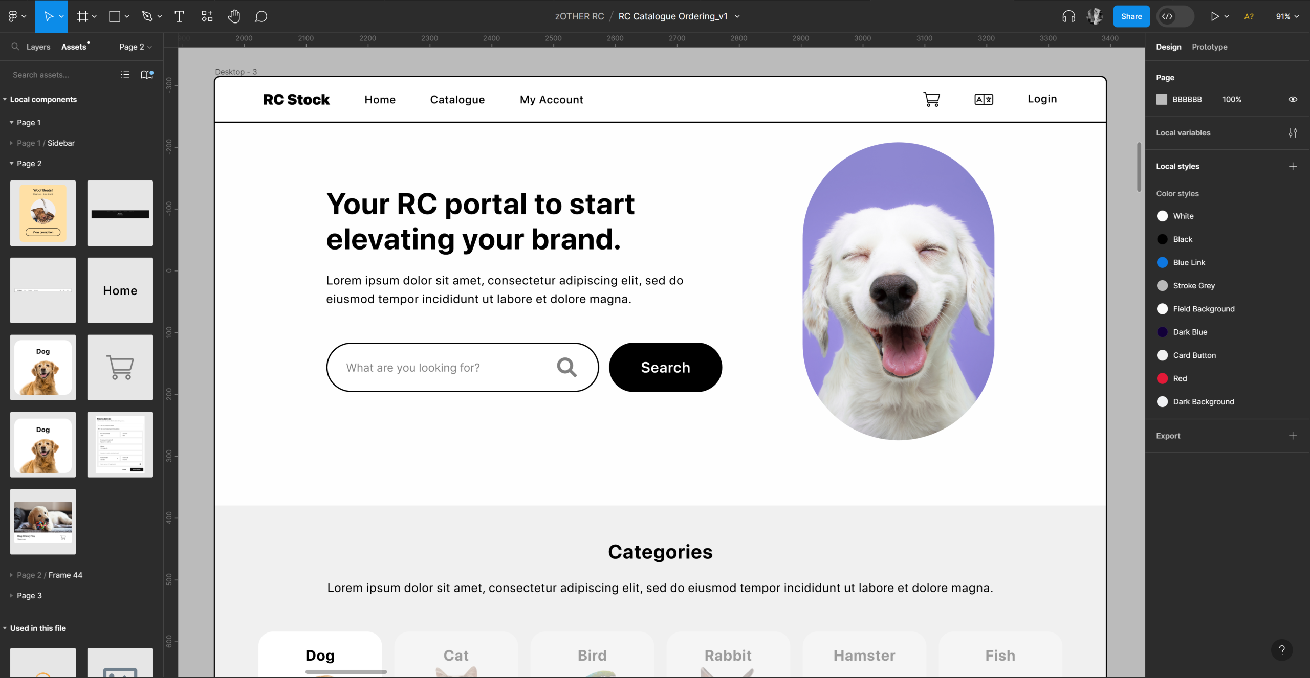Figma workspace displaying a custom digital interface and responsive product design.