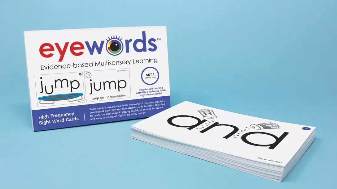 EyeWords printed educational cards featuring custom typography, branding and learning content.