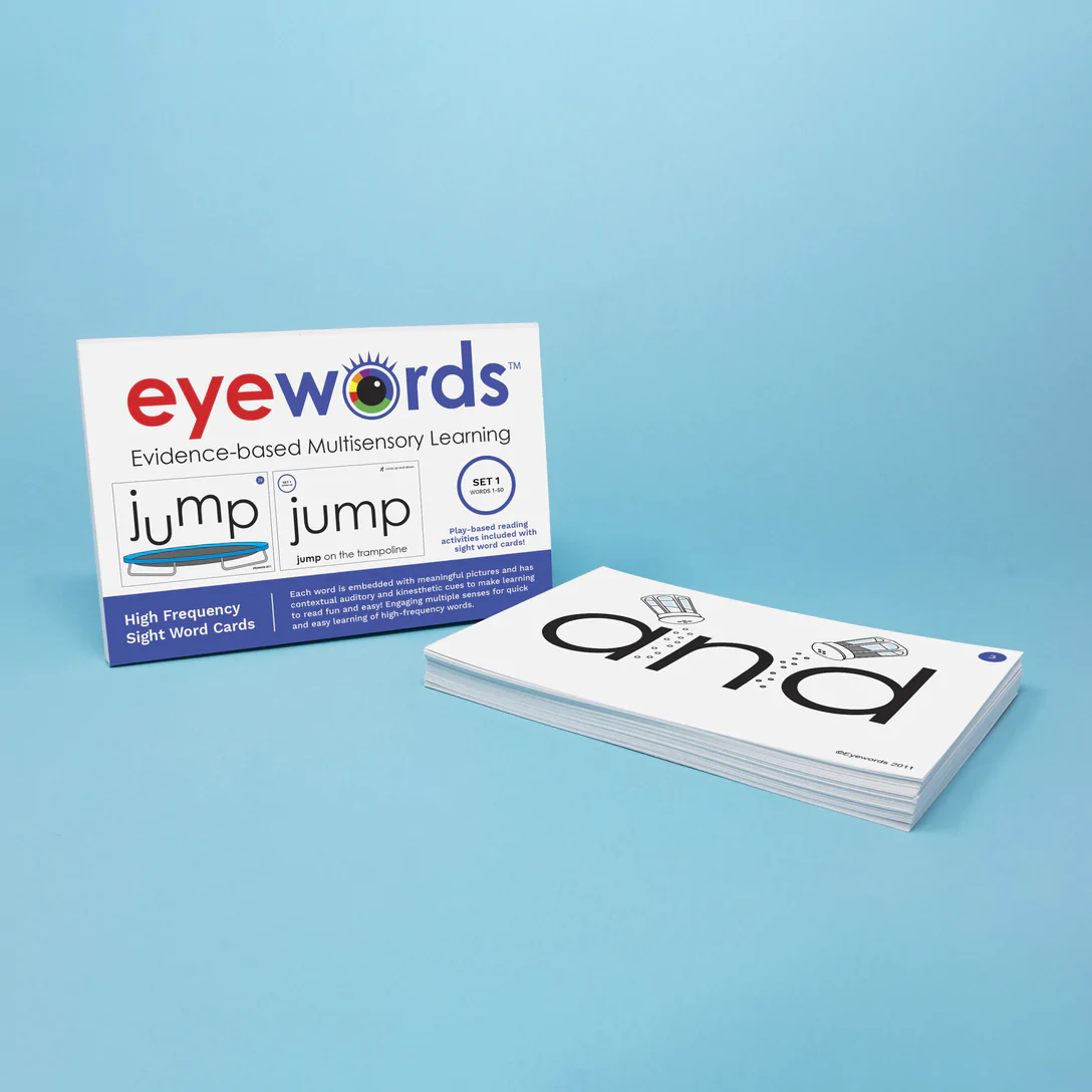 EyeWords printed educational cards featuring custom typography, branding and learning content.