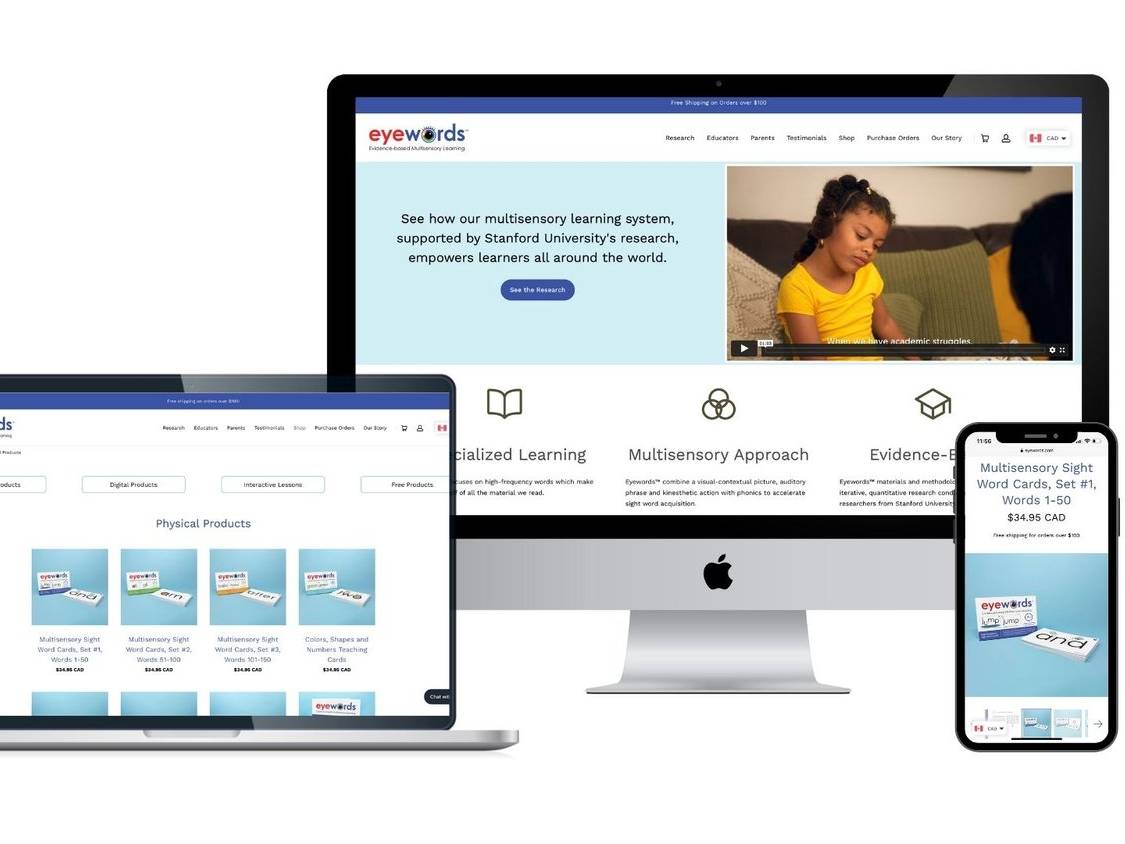 Desktop EyeWords website redesign featuring improved content hierarchy and digital user experience.
