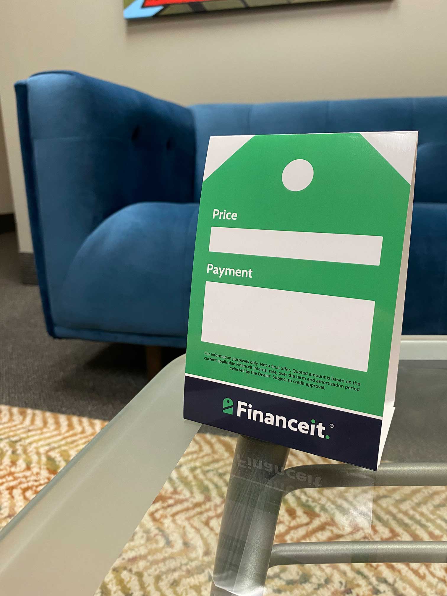 Green Financeit countertop tent card produced for point-of-sale financing promotions.