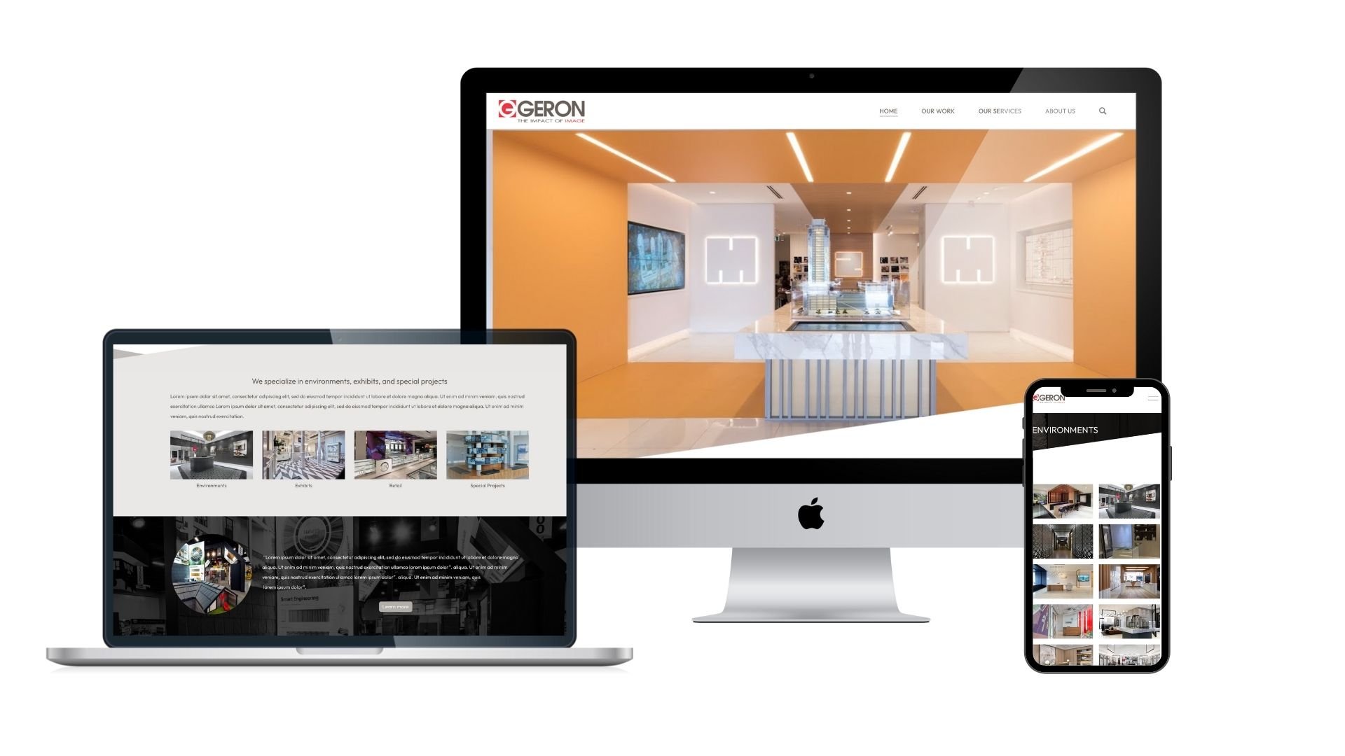 Geron website displayed across desktop and mobile devices demonstrating responsive web design.