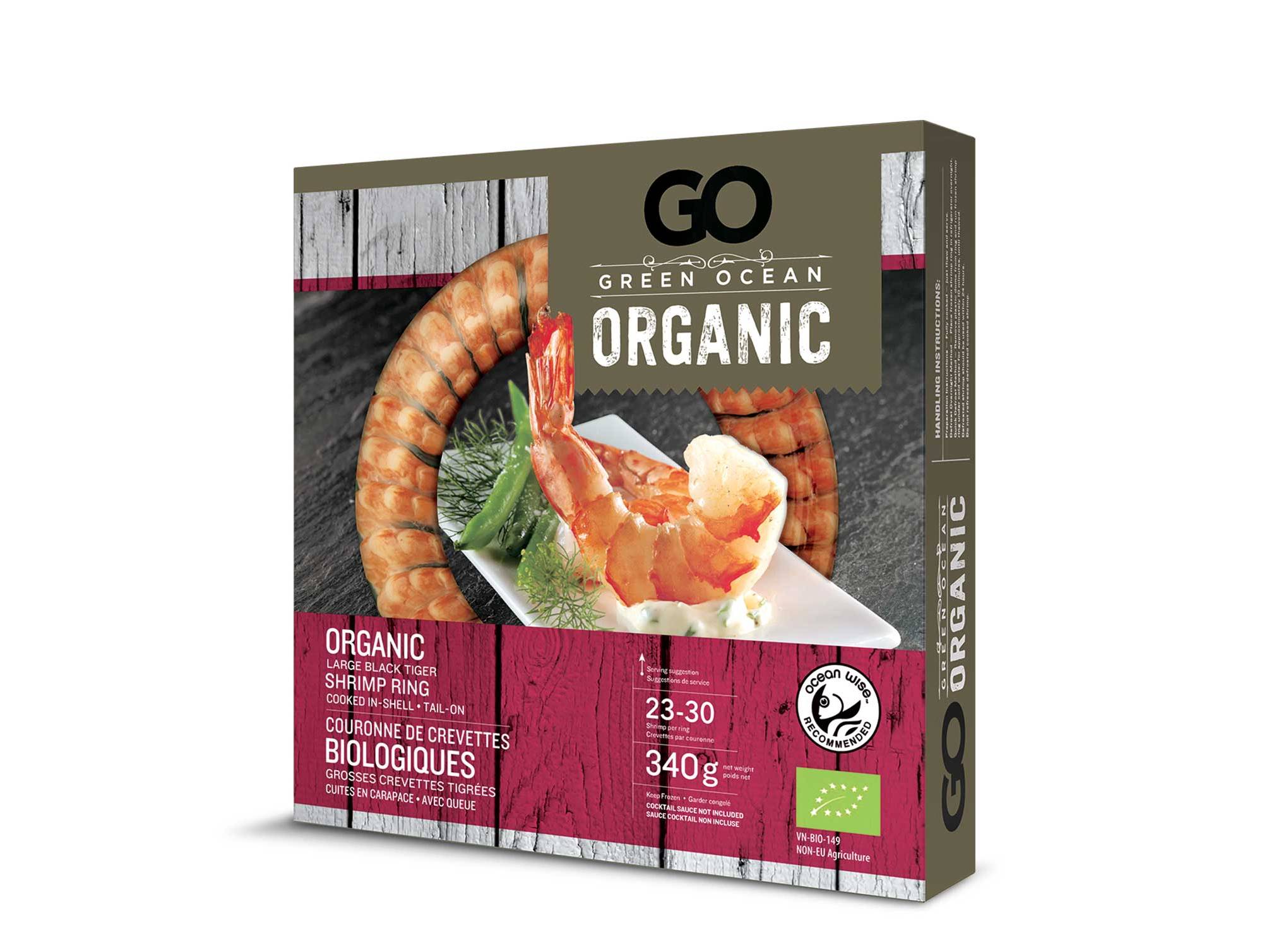 Custom Go Seafood packaging featuring branded food photography, typography and retail product messaging.