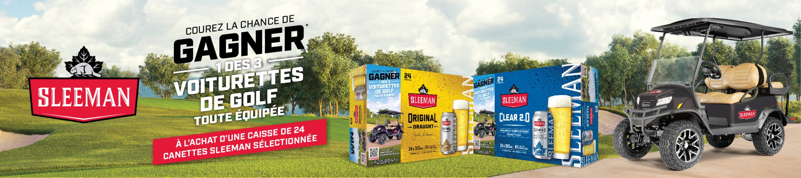 Digital retail banner promoting a golf cart prize campaign alongside participating beverage products.