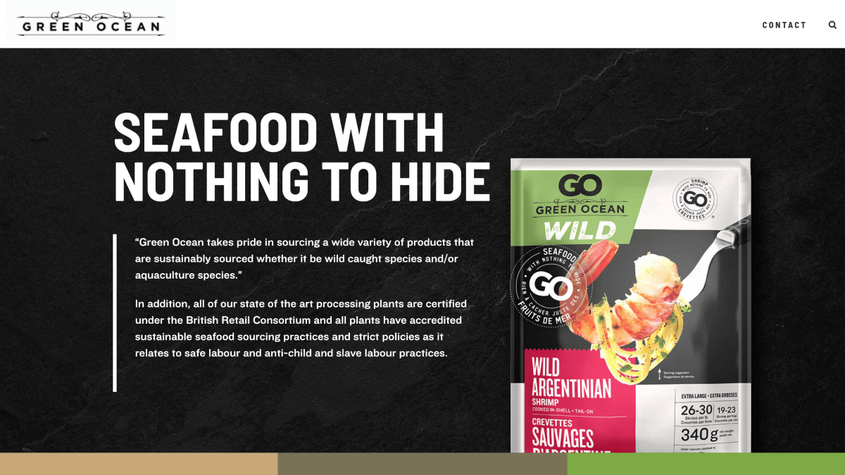 Custom Green Ocean seafood website featuring branded product imagery and digital marketing content.