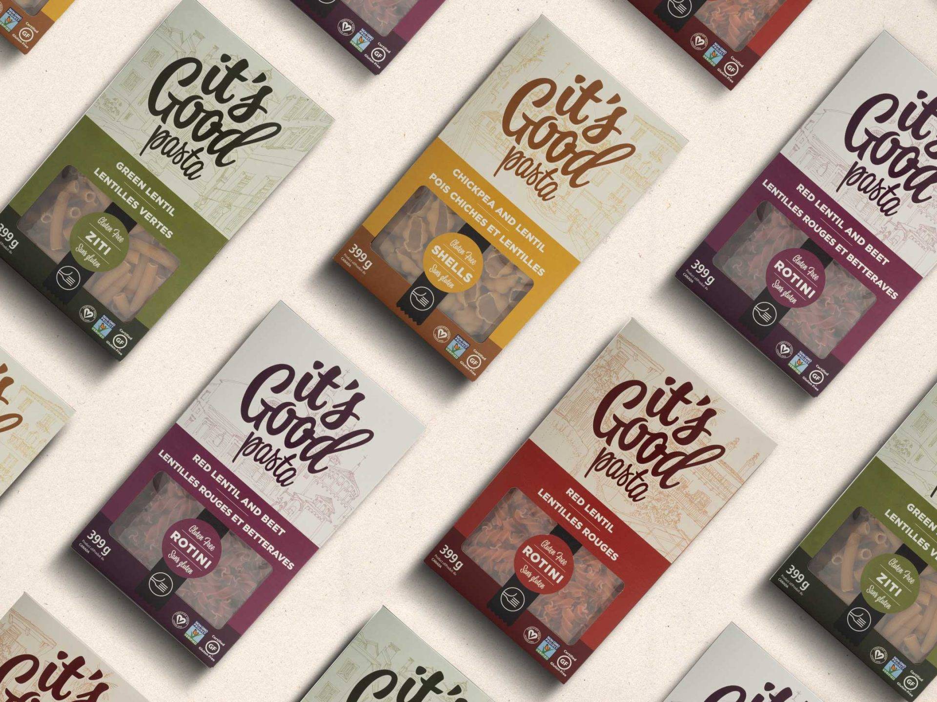Custom It's Good Pasta graphic patterns and branded wallpaper concepts for visual identity applications.