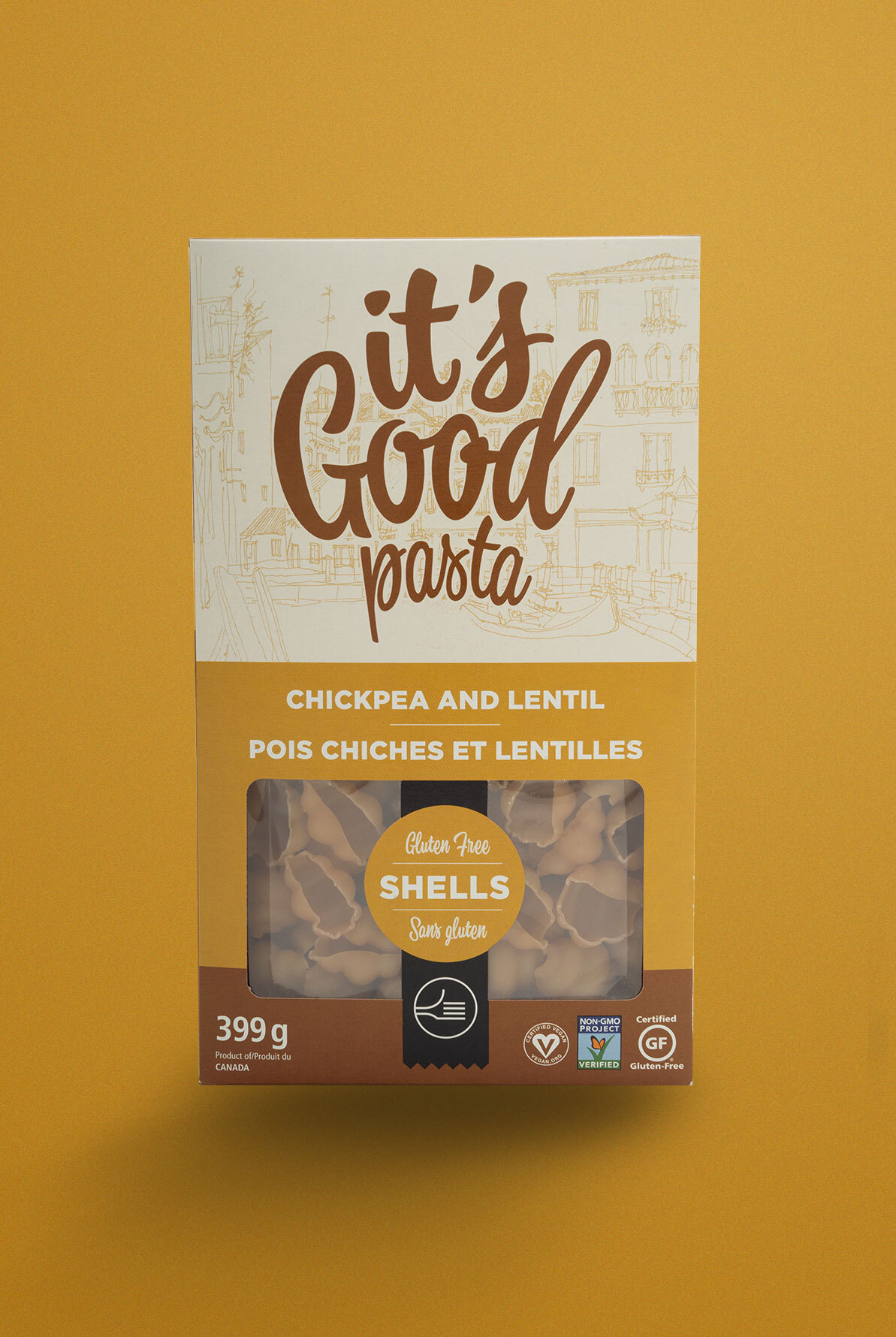 It's Good Pasta chickpea and lentil package featuring custom retail food branding and packaging design.