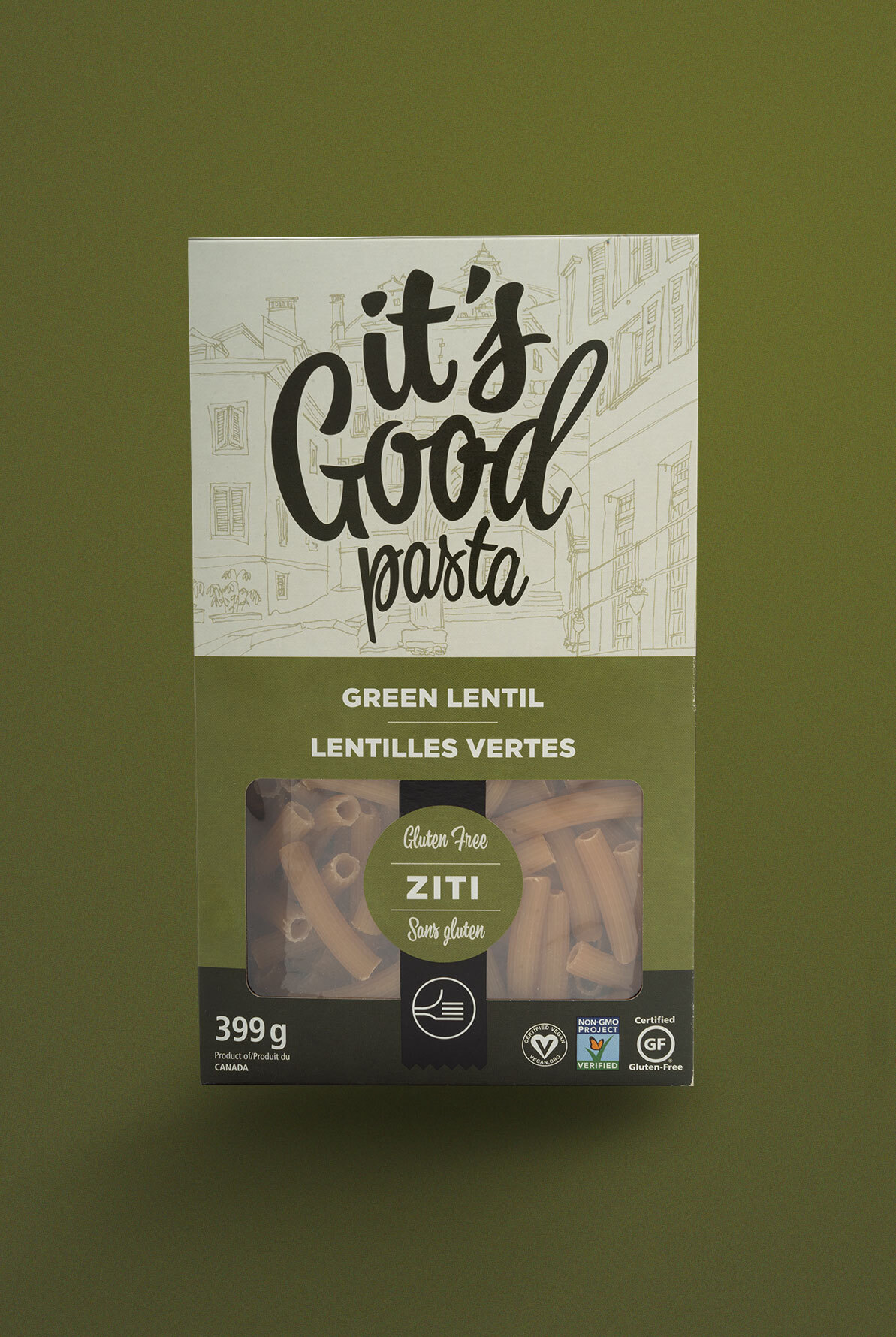 It's Good Pasta green lentil product packaging featuring natural food branding and retail-ready design.
