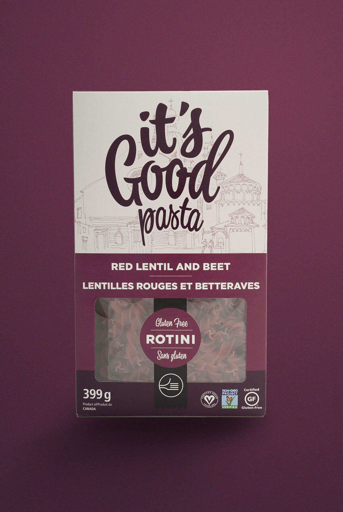 It's Good Pasta red lentil and beet package featuring custom food branding and retail packaging design.