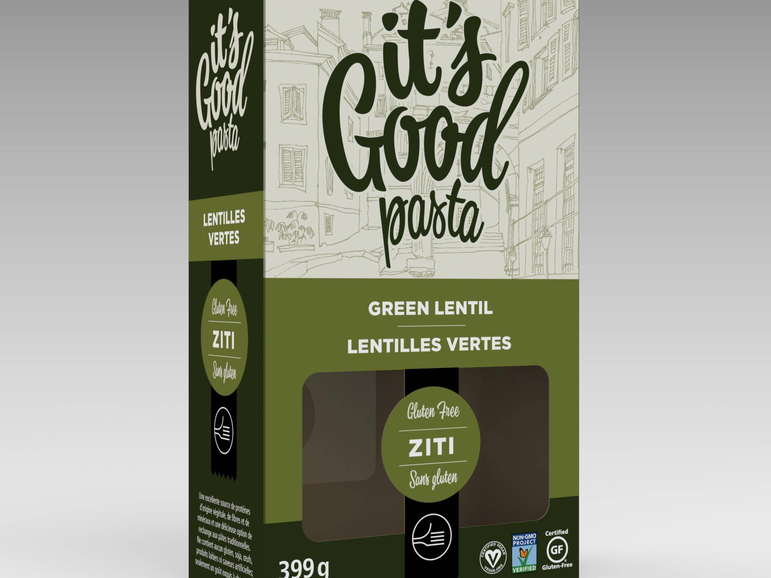 It's Good Pasta retail carton featuring custom food packaging, branding and product information.