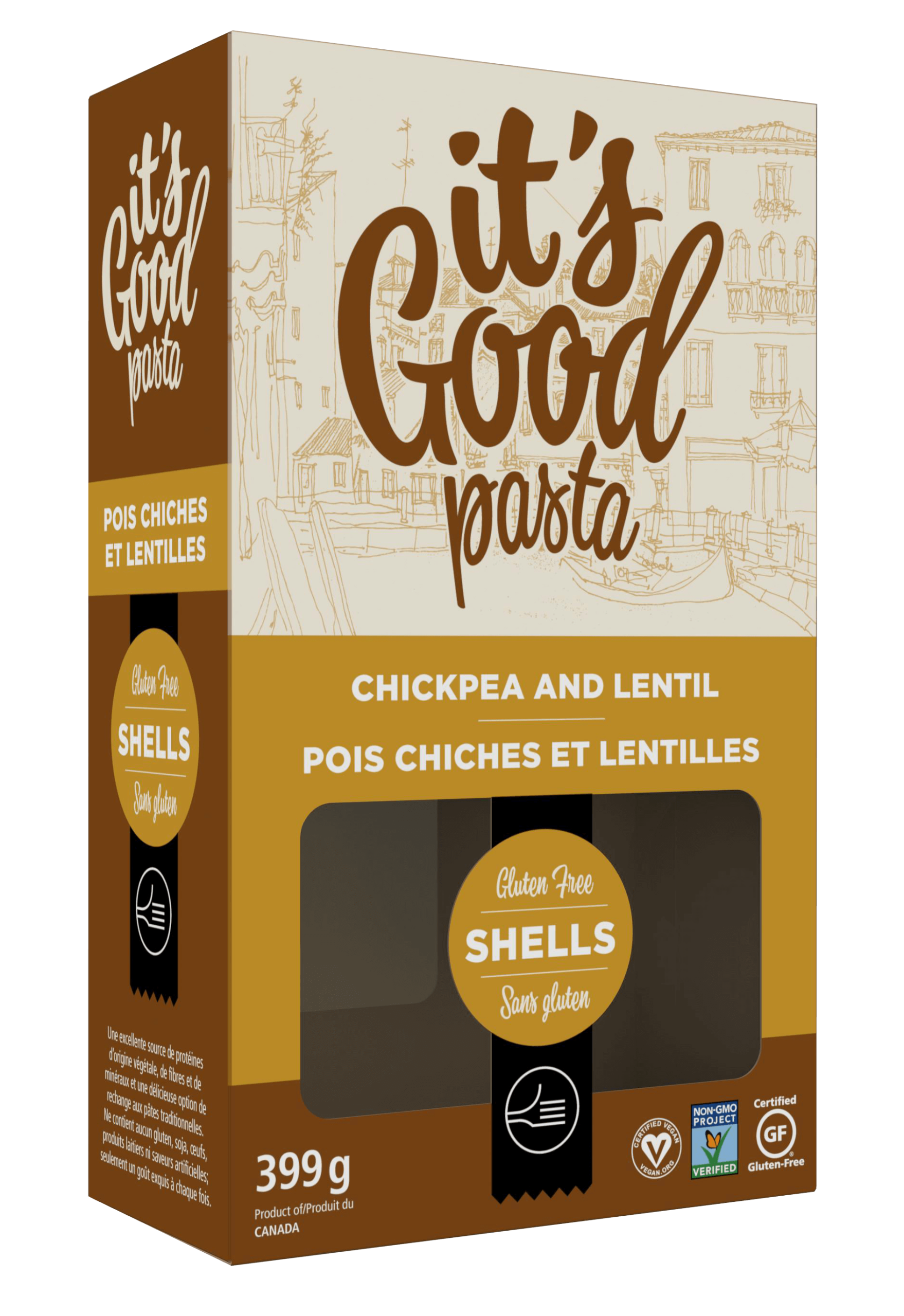 It's Good Pasta chickpea and lentil pasta box featuring custom branded retail food packaging.