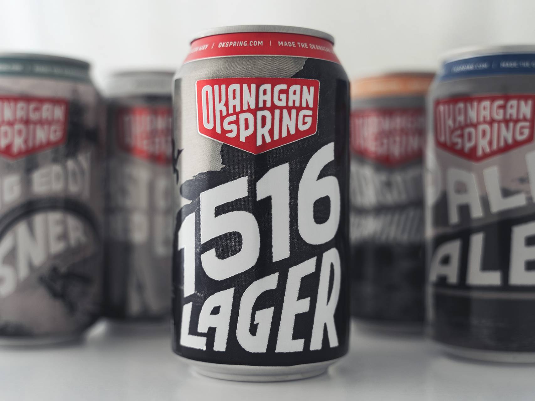 Okanagan Spring 1516 Lager beer can featuring custom beverage branding and packaging design.