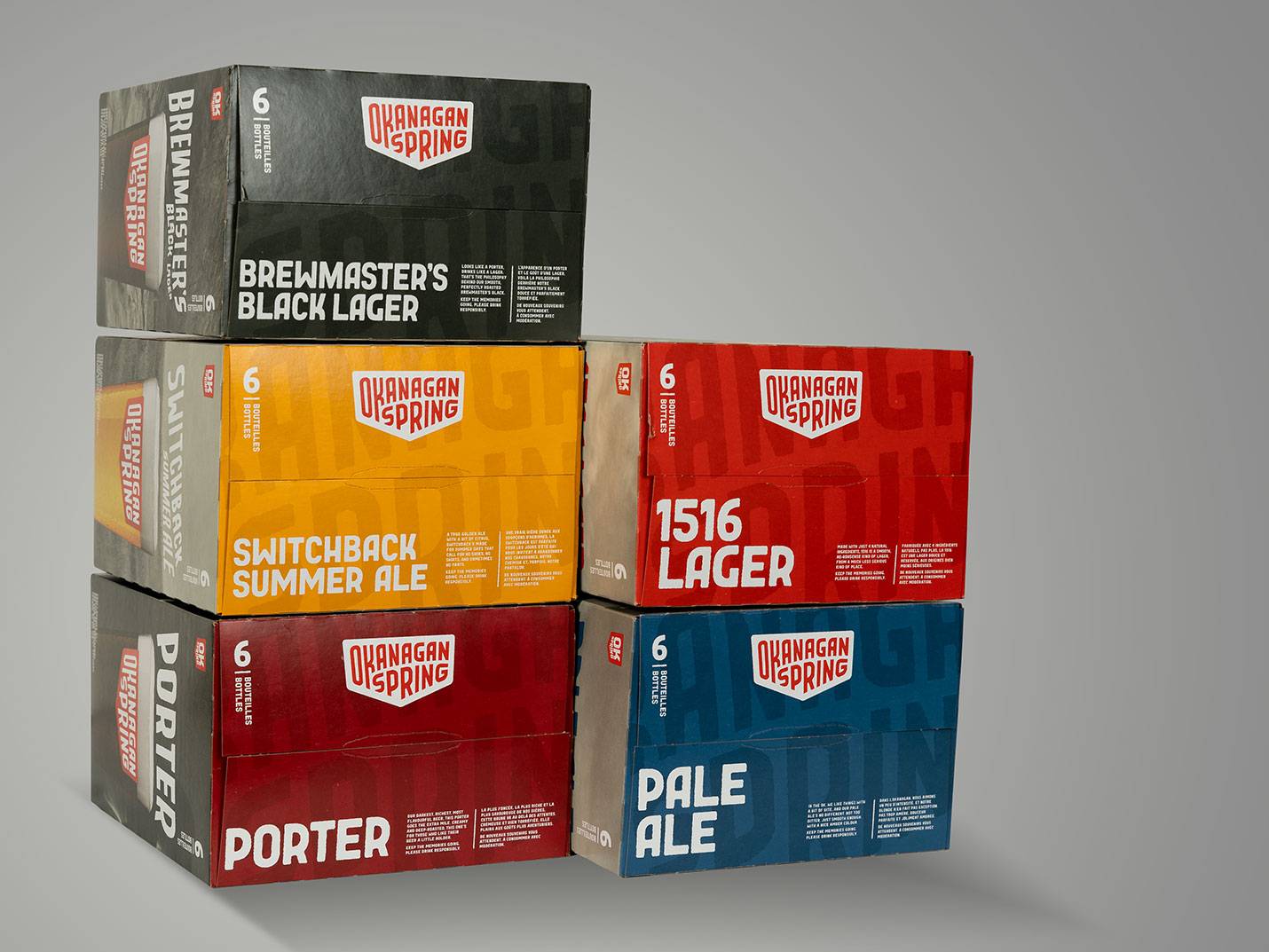 Multiple Okanagan Spring beer varieties displayed with distinct branded packaging and flavour identities.