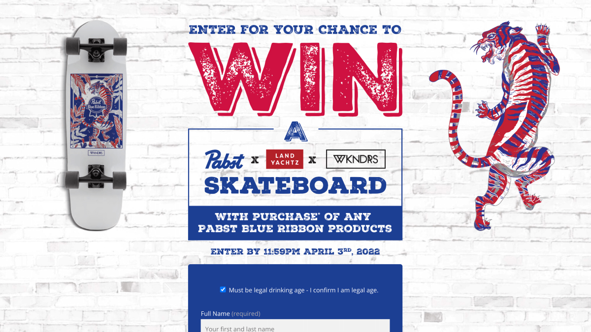Promotional Pabst enter-to-win microsite featuring a branded skateboard contest and customer campaign.
