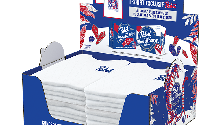 3D rendering of a Pabst Blue Ribbon retail display promoting an exclusive branded T-shirt gift with purchase.