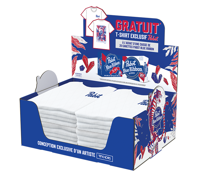 3D rendering of a Pabst Blue Ribbon retail display promoting an exclusive branded T-shirt gift with purchase.