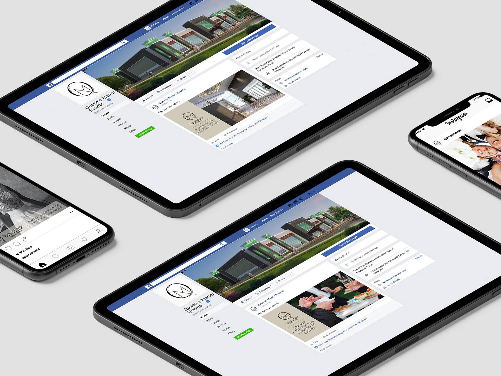 Responsive Queen's Manor website featuring branded visual content and a polished digital user experience.