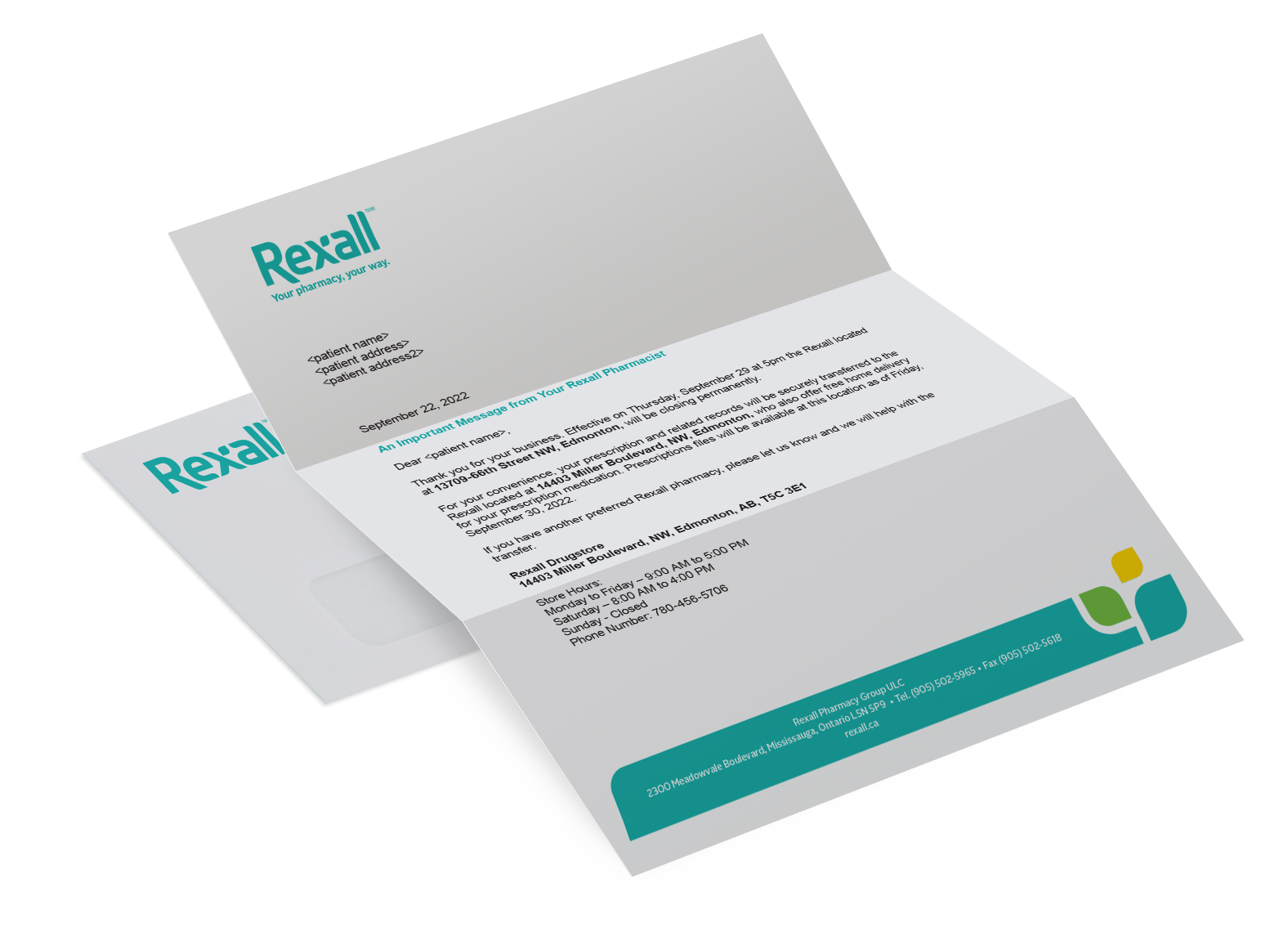 Branded Rexall customer letter mockup designed for a personalized direct mail communication campaign.