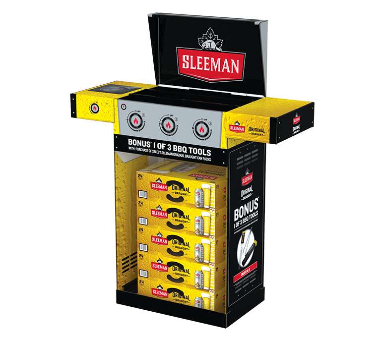 3D rendering of a Sleeman branded retail display promoting a bonus BBQ tools gift-with-purchase campaign with beverage case merchandising.