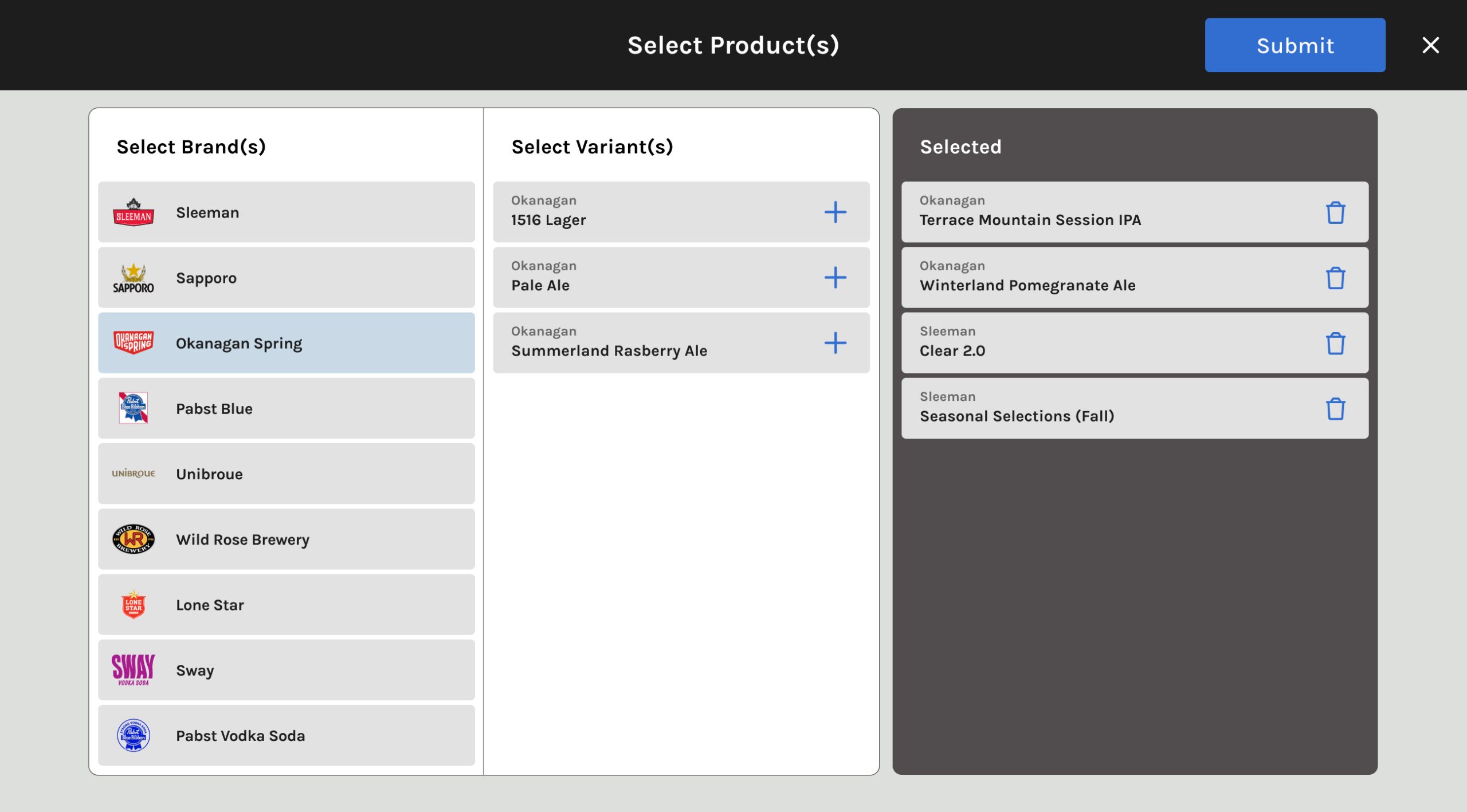 Digital interface listing beverage brands available within the Sleeman Brewhouse platform.