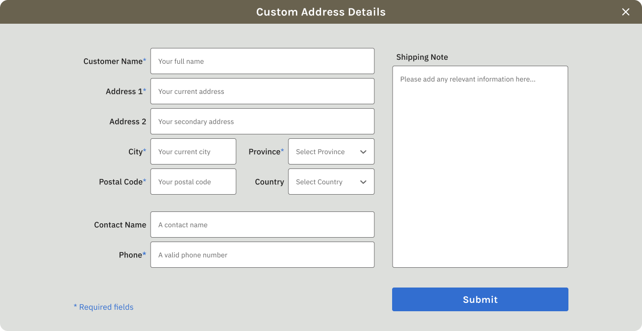 Digital interface for entering and managing custom shipping addresses within the Brewhouse ordering platform.