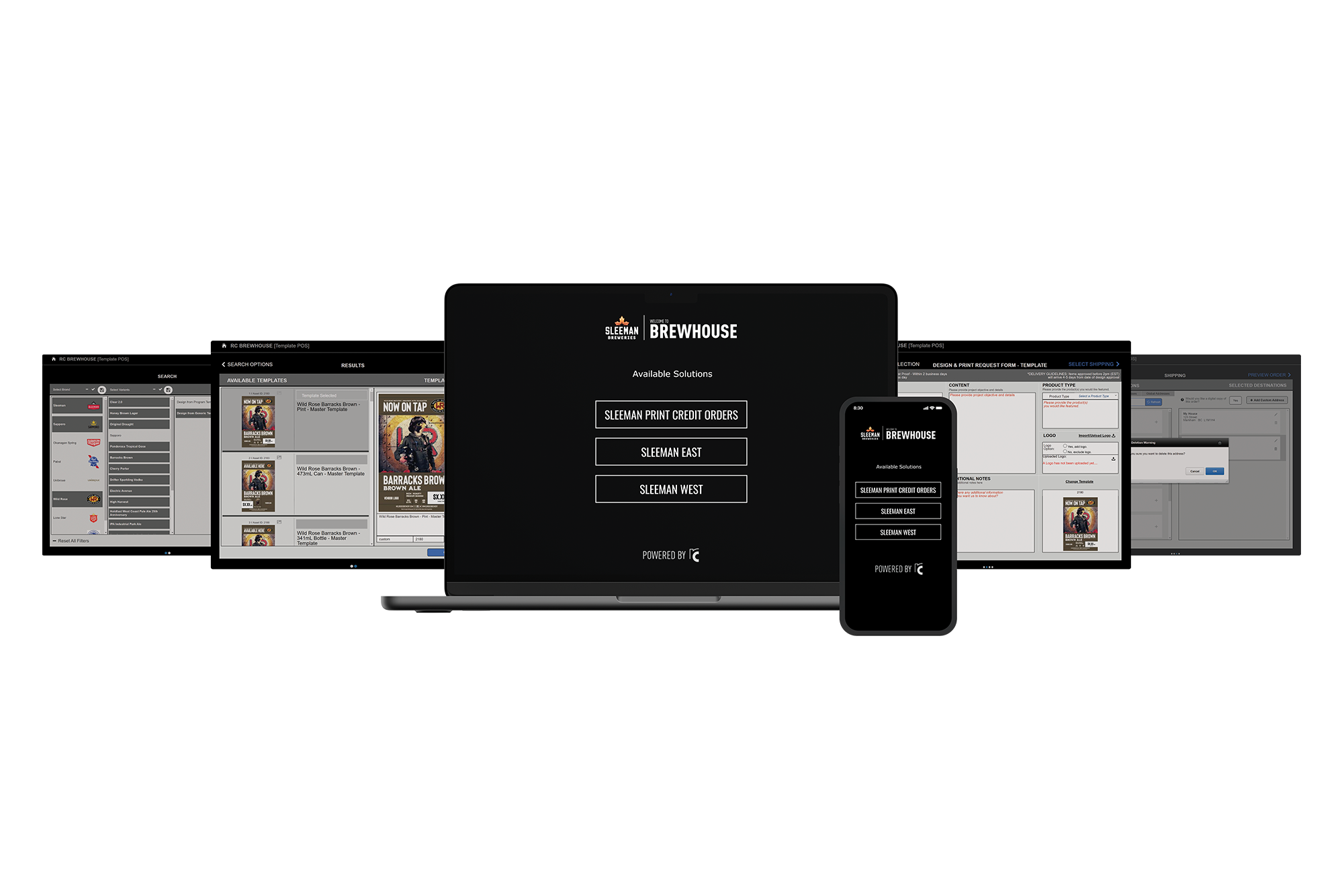 Desktop mockup showing a custom digital platform for managing branded print and promotional materials.