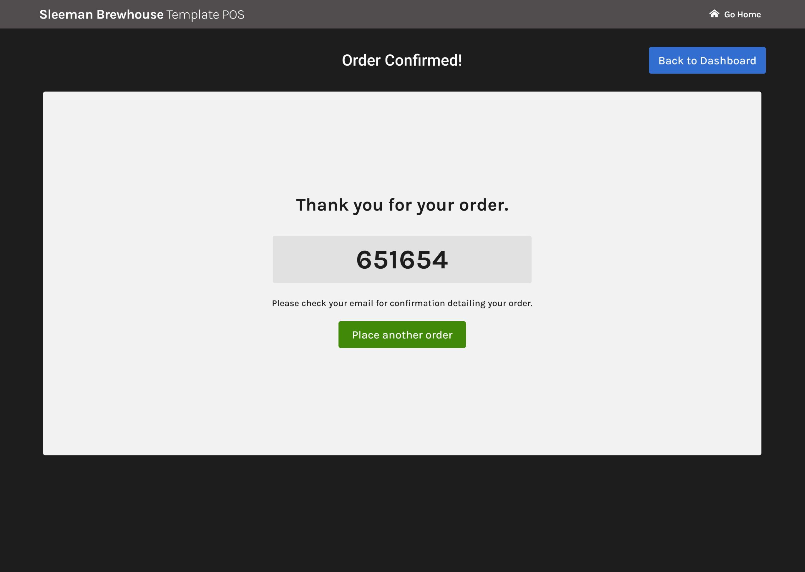 Digital Sleeman Brewhouse portal screen confirming a completed promotional product order.