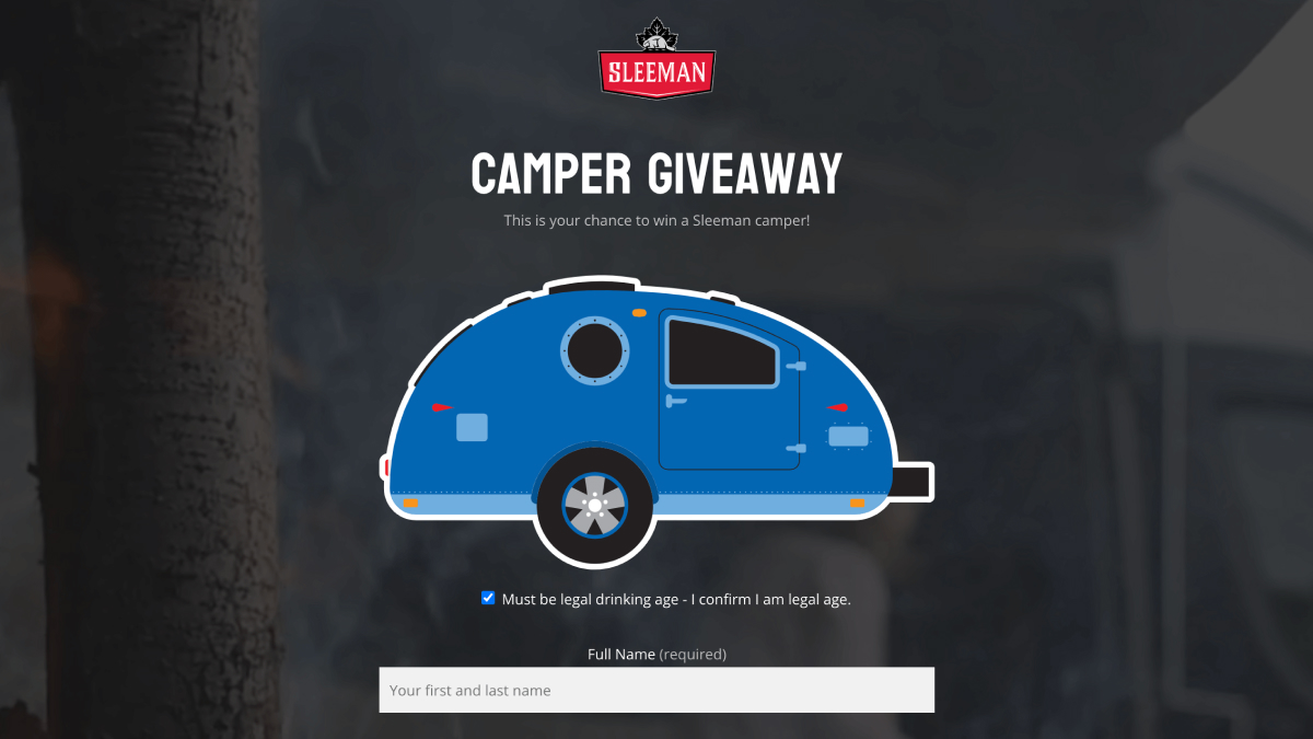 Sleeman branded camper giveaway promotion featuring an illustrated travel trailer for an enter-to-win consumer marketing campaign.