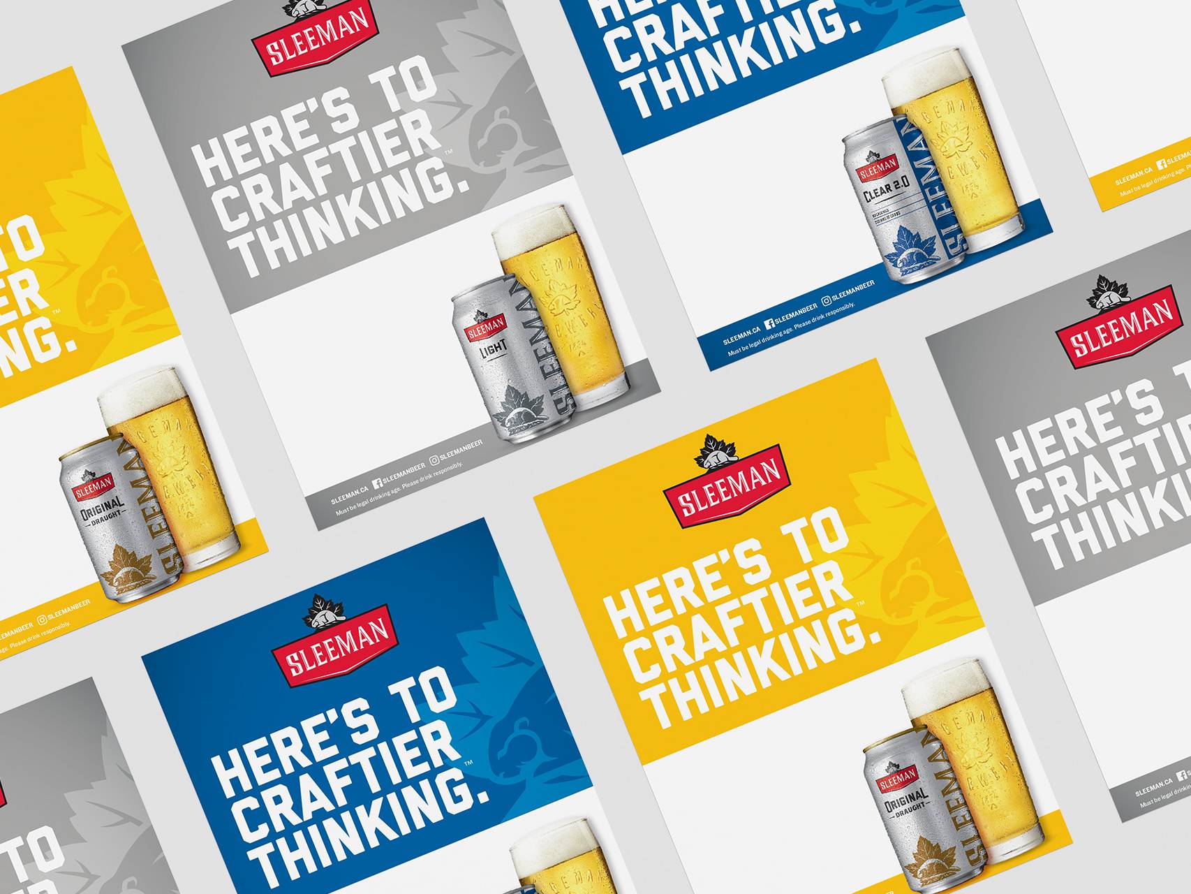 Collection of Sleeman branded print materials and beverage packaging created for retail marketing.