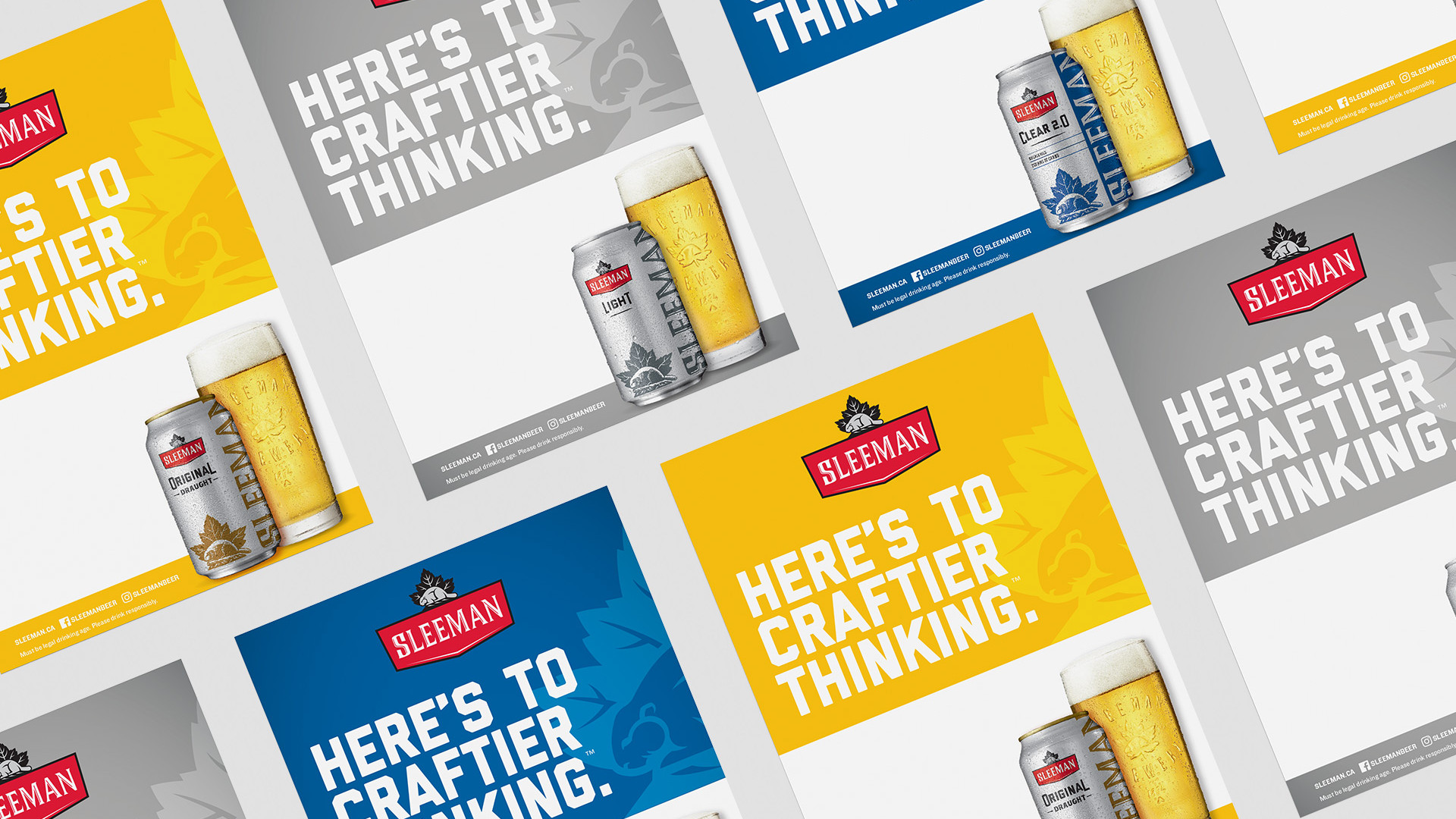 Collection of Sleeman branded print materials and beverage packaging created for retail marketing.