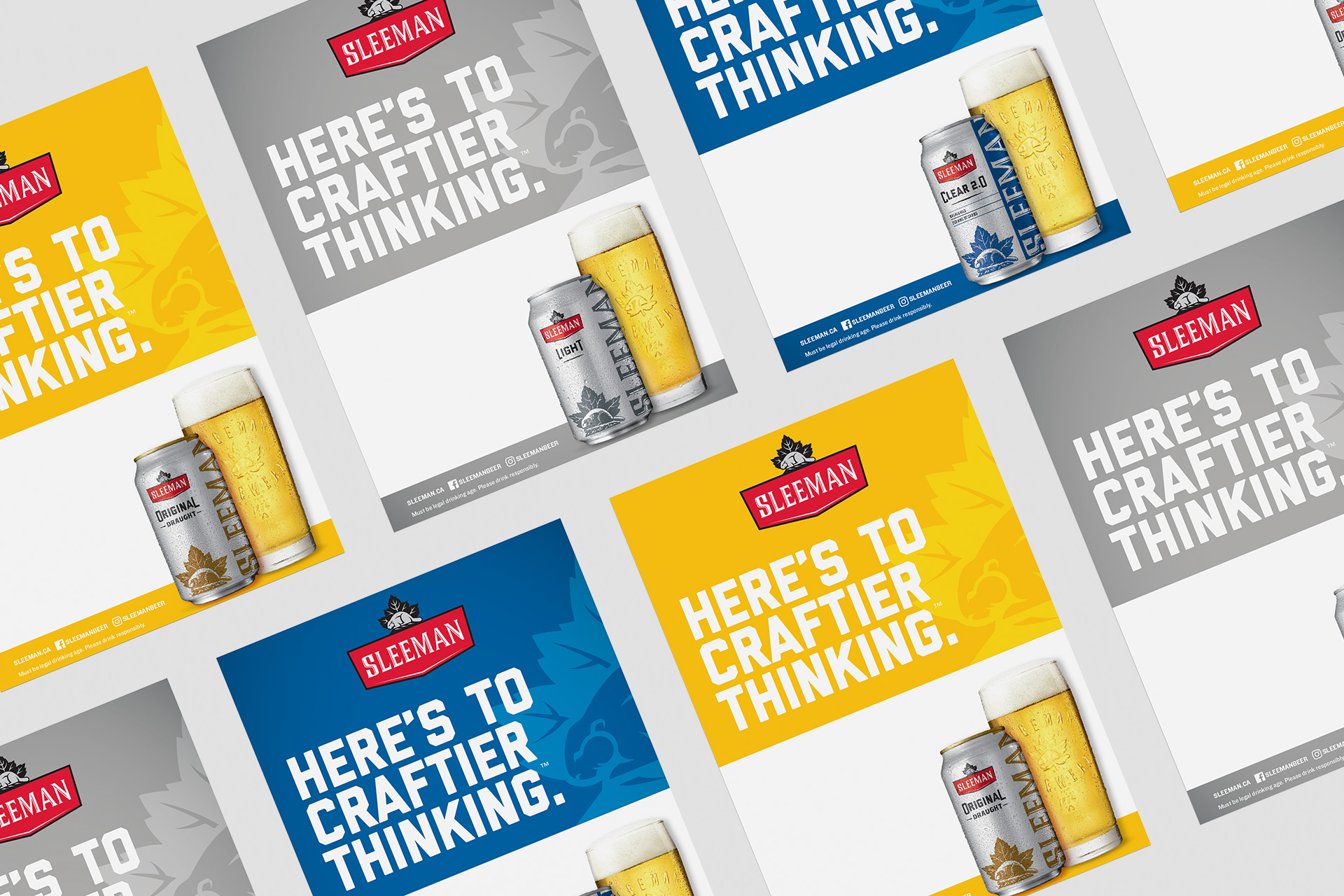 Collection of Sleeman branded print materials and beverage packaging created for retail marketing.