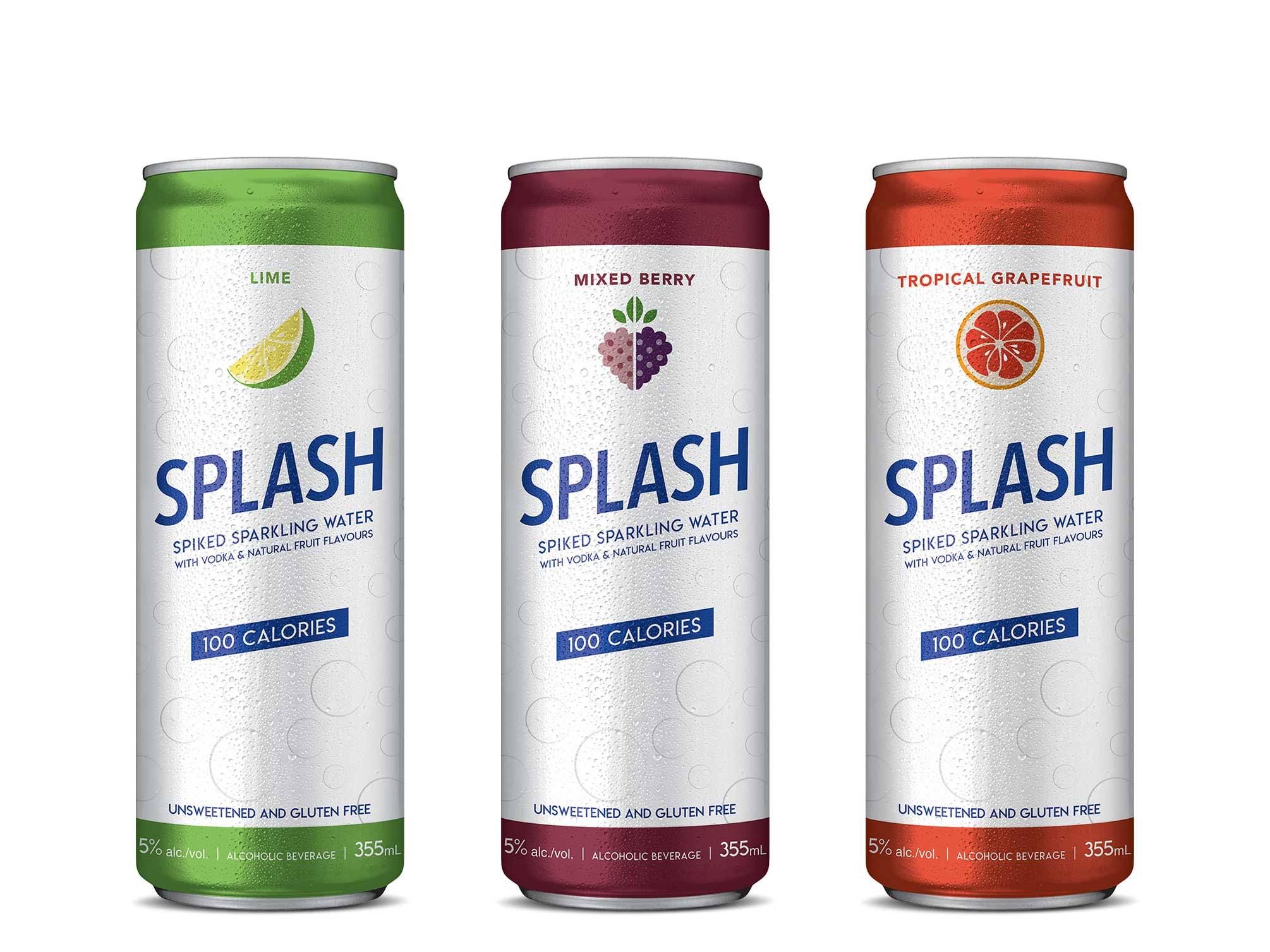 Custom Splash beverage cans featuring colourful branded packaging and product label design.
