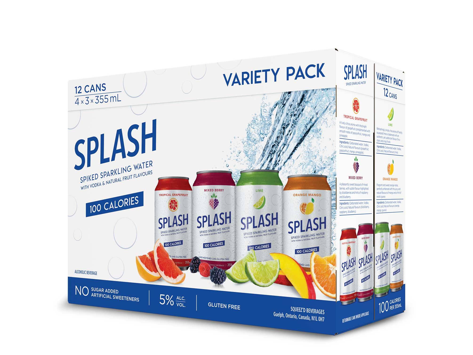 Custom Splash beverage variety-pack packaging featuring multiple flavours and branded product graphics.