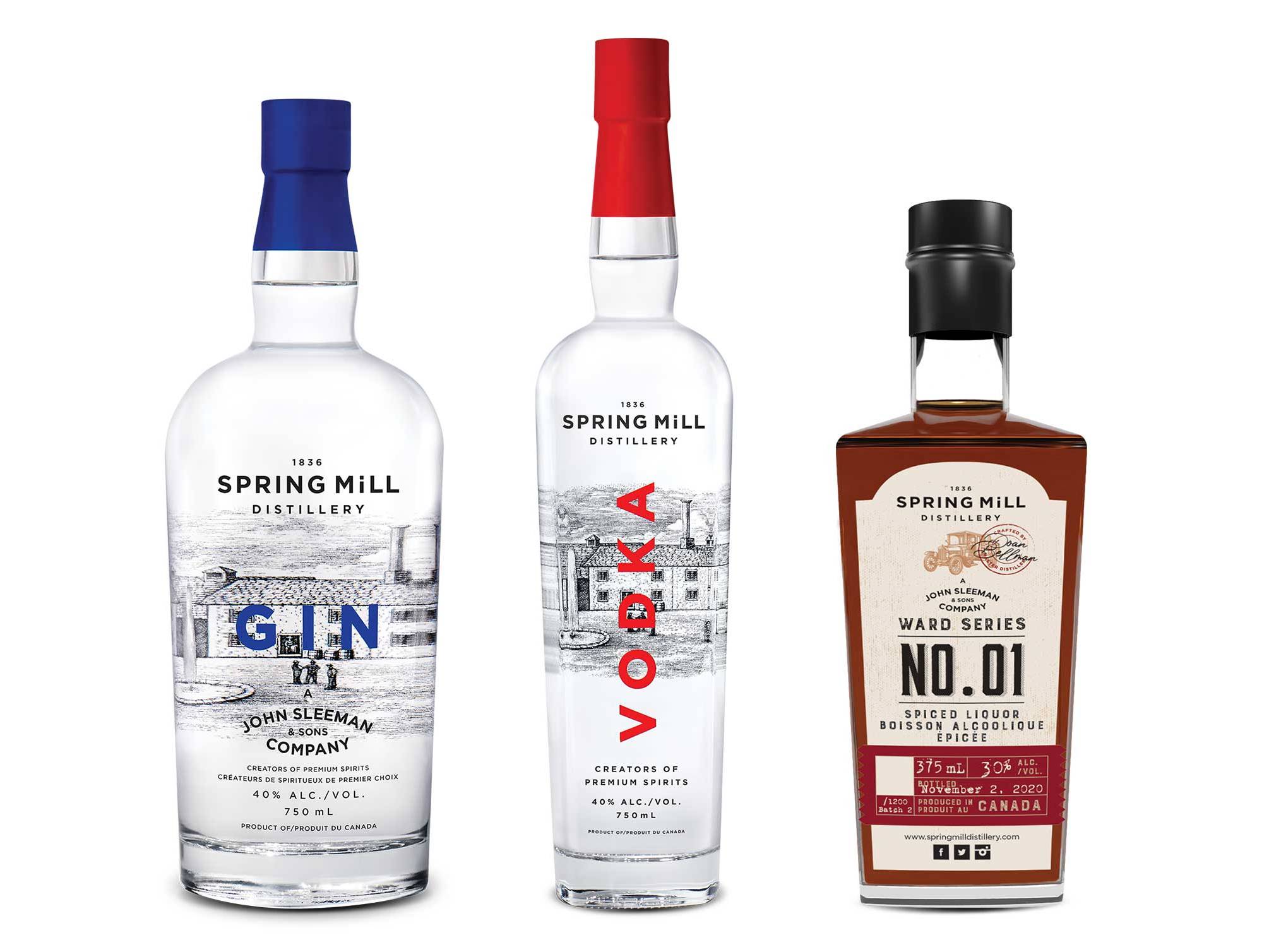 Custom bottle labels and packaging design for Spring Mill Distillery spirits products.