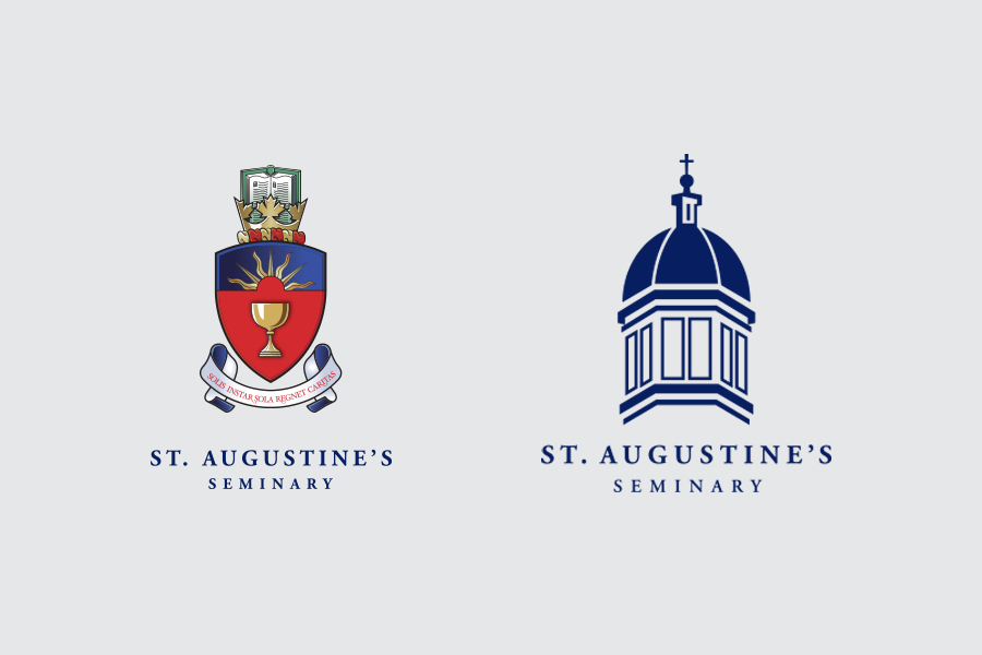 St. Augustine institutional branding featuring crest artwork and coordinated visual identity elements.